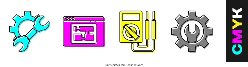 Llave inglesa y engranaje, Plan de la casa, multímetro y llave inglesa e ícono de engranaje. Vector