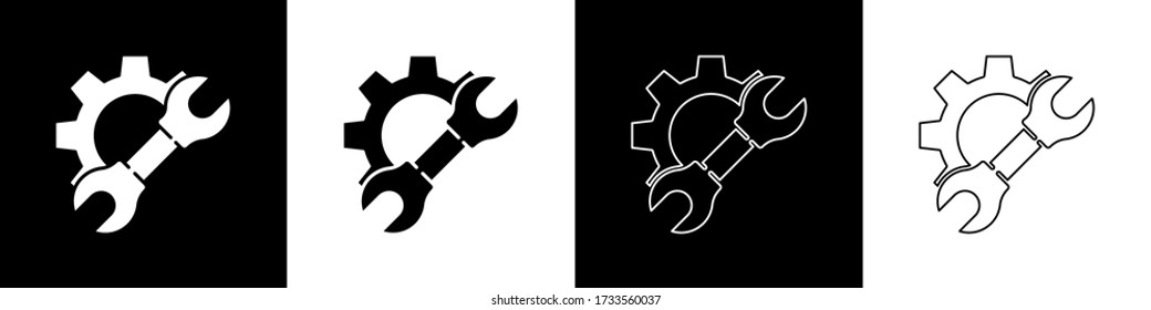 Set Wrench spanner and gear icon isolated on black and white background. Adjusting, service, setting, maintenance, repair, fixing.  Vector Illustration