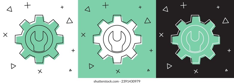 Set Wrench spanner and gear icon isolated on white and green, black background. Adjusting, service, setting, maintenance, repair, fixing.  Vector Illustration