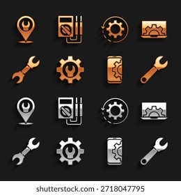 Llave inglesa y engranaje, ordenador portátil, ajuste en el teléfono inteligente, flechas de engranaje como flujo de trabajo, Locación con llave e ícono de multímetro. Vector