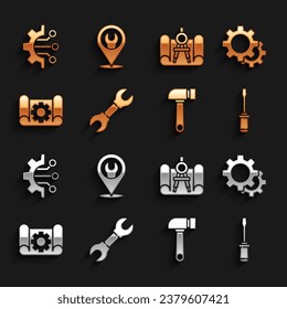 Set Wrench spanner, Gear, Screwdriver, Hammer, Graphing paper and gear, compass, Algorithm and Location with wrench icon. Vector