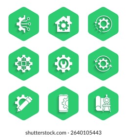 Set Wrench spanner and gear, Setting on smartphone, Graphing paper compass, Gear arrows workflow, Pencil, Processor,  and Algorithm icon. Vector