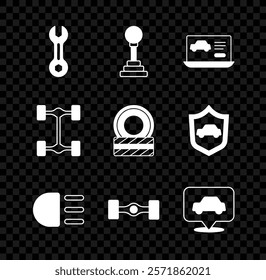 Set Wrench spanner, Gear shifter, Diagnostics condition of car, High beam, Chassis, Car service,  and tire wheel icon. Vector