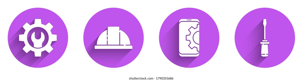 Set Wrench spanner and gear, Worker safety helmet, Setting on smartphone and Screwdriver icon with long shadow. Vector