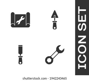 Set Wrench spanner, Graphing paper and wrench, Rasp metal file and Trowel icon. Vector