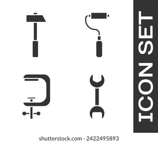Set Wrench spanner, Hammer, Clamp and screw tool and Paint roller brush icon. Vector