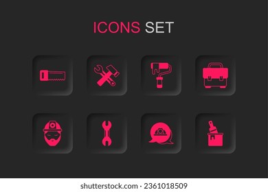 Set Wrench spanner, Hammer and wrench, Hand saw, Worker safety helmet, Toolbox, Paint bucket with brush, roller and Builder icon. Vector