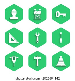Set Wrench spanner, Hammer, Traffic cone, Screwdriver, Electric rotary hammer drill, Triangular ruler, Old key and Worker safety helmet icon. Vector