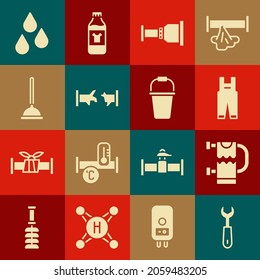 Set Wrench spanner, Heated towel rail, Work overalls, Pipe adapter, Broken pipe, Rubber plunger, Water drop and Bucket icon. Vector