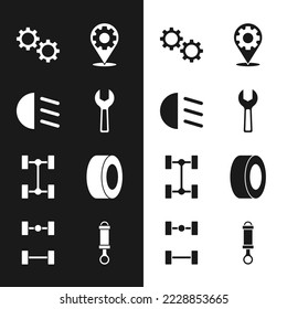 Set Wrench spanner, High beam, Gear, Car service, Chassis car, tire, Shock absorber and icon. Vector