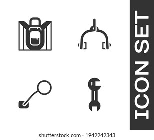 Set Wrench spanner, Hiking backpack, Bicycle rear view mirror and brake calipers icon. Vector