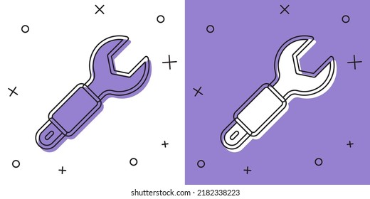 Ajuste el icono de la llave inglesa aislada en fondo blanco y púrpura. Herramienta de reparación del distribuidor. Símbolo de herramienta de servicio.  Vector