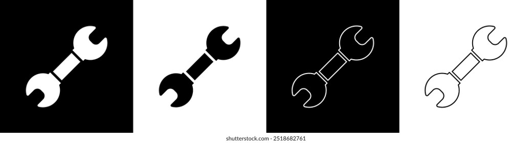 Conjunto de icono de llave inglesa aislado en fondo blanco y negro. Herramienta de reparación de llave. Símbolo de la herramienta de servicio.  Vector