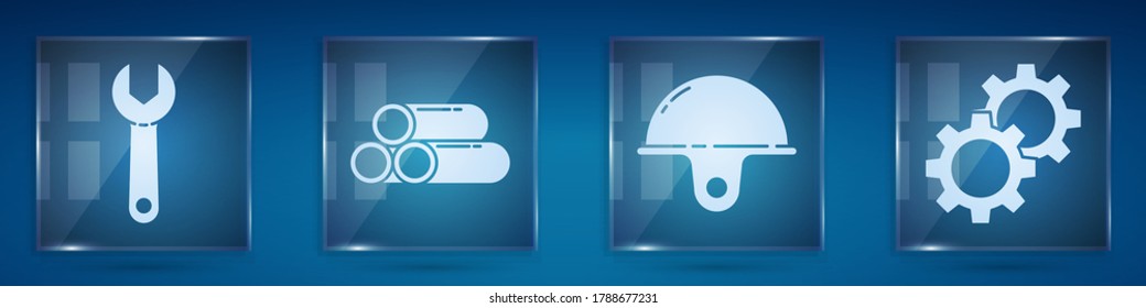Set Wrench spanner, Industry metallic pipe, Worker safety helmet and Gear. Square glass panels. Vector