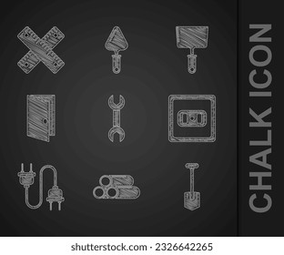 Set Wrench spanner, Industry metallic pipe, Shovel, Electrical outlet, plug, Closed door, Putty knife and Crossed ruler icon. Vector