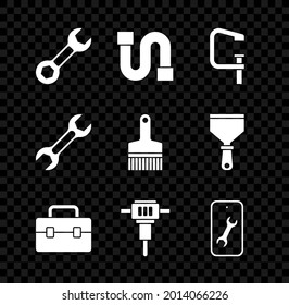 Set Wrench spanner, Industry pipe, Clamp and screw tool, Toolbox, Construction jackhammer, Mobile service,  and Paint brush icon. Vector