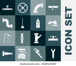 Llave inglesa, tubo y válvula industrial, grifo de agua, metálico, fregona, manómetro e icono de botella de agua. Vector