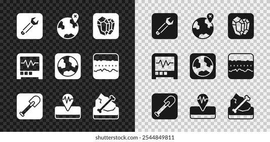 Llave inglesa, Locación en el globo, piedra preciosa, pala, terremoto, arqueología, sismógrafo e ícono. Vector
