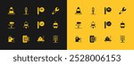 Set Wrench spanner, Online ticket booking, Toilet, Trolley suitcase, Train station bell, Cafe and restaurant location, Traffic cone and traffic light icon. Vector