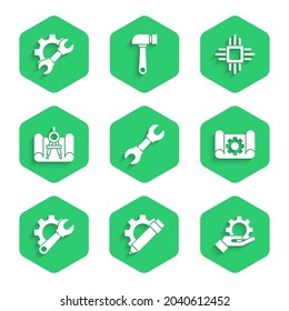 Set Wrench spanner, Pencil and gear, Settings in the hand, Graphing paper, compass, Processor with microcircuits CPU and  icon. Vector