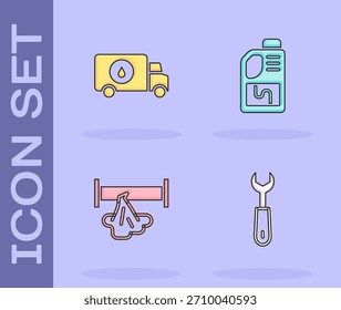 Set Wrench spanner, Plumber service car, Broken pipe and Drain cleaner bottle icon. Vector