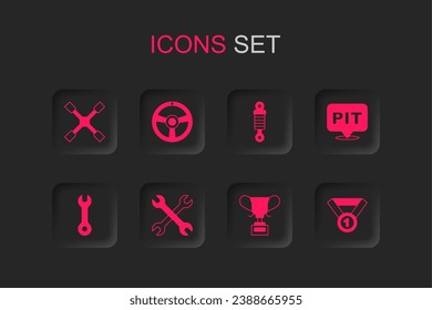 Set Wrench spanner, Racing steering wheel, Wheel wrench, Award cup, Pit stop, Medal, Shock absorber and  icon. Vector