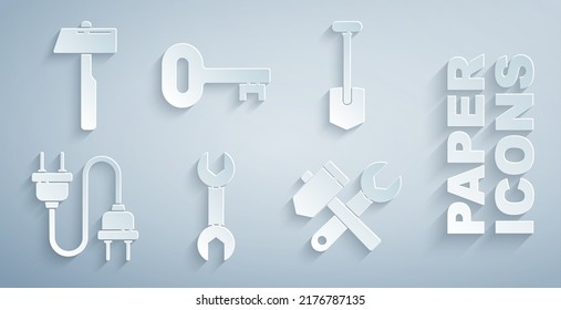 Set Wrench spanner, Shovel, Electric plug, Hammer and wrench, Old key and  icon. Vector