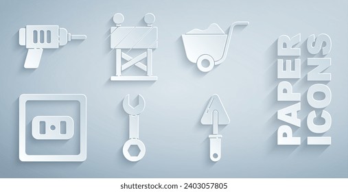 Set Wrench spanner, Shovel, Electrical outlet, Trowel, Road barrier and drill machine icon. Vector