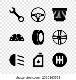 Set Wrench spanner, Steering wheel, Car air filter, High beam, Canister for motor oil, Gear shifter, Speedometer and tire icon. Vector