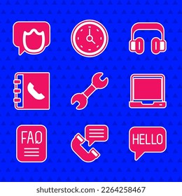 Set Wrench spanner, Telephone conversation, Hello in different languages, Laptop, FAQ information, Phone book, Headphones and Speech bubble chat icon. Vector