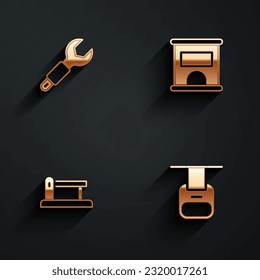 Set Wrench spanner, Ticket office to buy tickets, Railway barrier and Cable car icon with long shadow. Vector