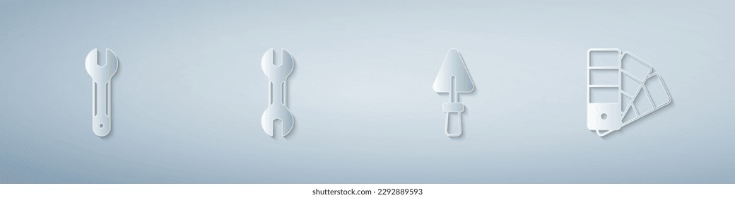 Set Wrench spanner, Trowel and Color palette guide. Paper art style. Vector