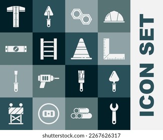 Set Wrench spanner, Trowel, Corner ruler, Hexagonal metal nut, Wooden staircase, Construction bubble level, T-square line and Traffic cone icon. Vector