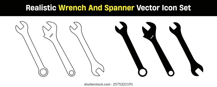 Set of wrench and spanner vector icon illustration isolated on white background. Wrench black silhouette logo line art work.