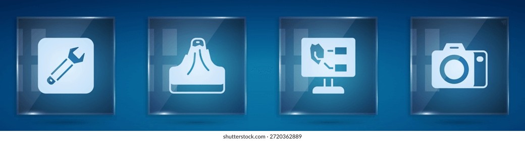 Llave inglesa, volcán, análisis de suelos y cámara fotográfica. Paneles de vidrio cuadrados. Vector