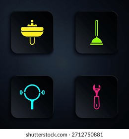 Juego de llave llave, lavabo, llave Filtrar y émbolo de goma. Botón cuadrado negro. Vector