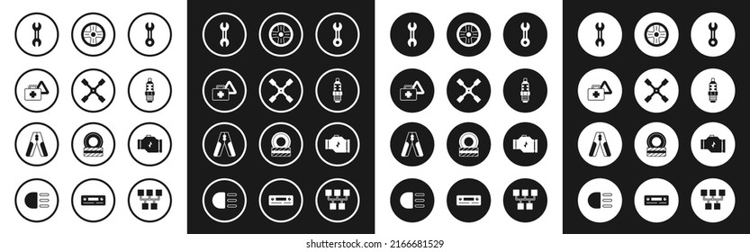 Set Wrench spanner, Wheel wrench, First aid kit and warning triangle, Car spark plug, Alloy wheel, Check engine and battery jumper power cable icon. Vector