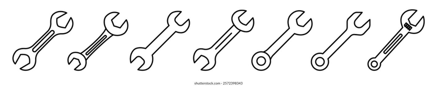 Set of Wrench template flat and line icons on transparent background, line design vector illustration, tools concept