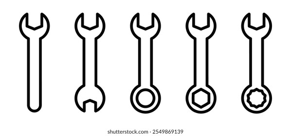 Set of wrench tools in outline style. Editable stroke.