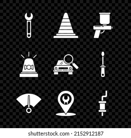 Set Wrench, Traffic cone, Paint spray gun, Speedometer, Car service, muffler, Flasher siren and search icon. Vector