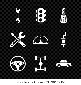 Set Wrench, Traffic Light, Car Key With Remote, Steering Wheel, Chassis Car, Screwdriver And Wrench Tools And Speedometer Icon. Vector