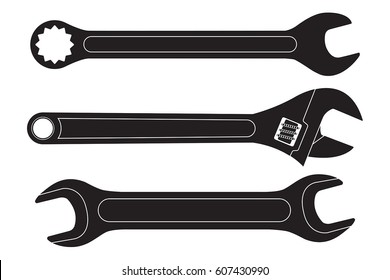Set of wrenches. Black flat icons. Vector illustration isolated on white background