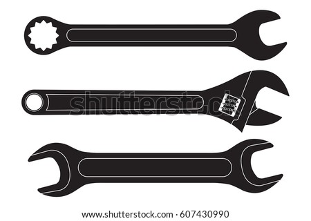 Set of wrenches. Black flat icons. Vector illustration isolated on white background