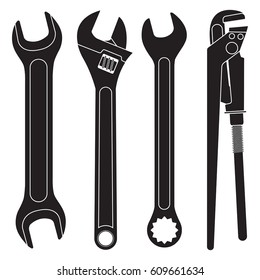 Set of wrenches. Collection of black icons. Vector illustration isolated on white background