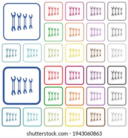 Set of wrenches color flat icons in rounded square frames. Thin and thick versions included.