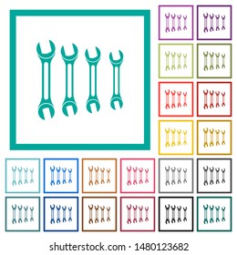 Set of wrenches flat color icons with quadrant frames on white background