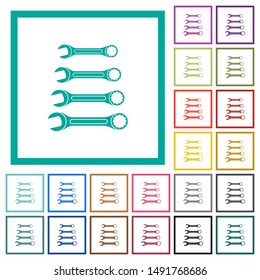 Set of wrenches flat color icons with quadrant frames on white background