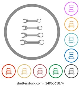 Set of wrenches flat color icons in round outlines on white background
