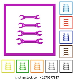 Set of wrenches flat color icons in square frames on white background