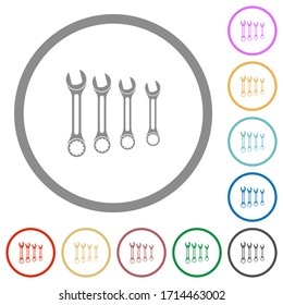 Set of wrenches flat color icons in round outlines on white background